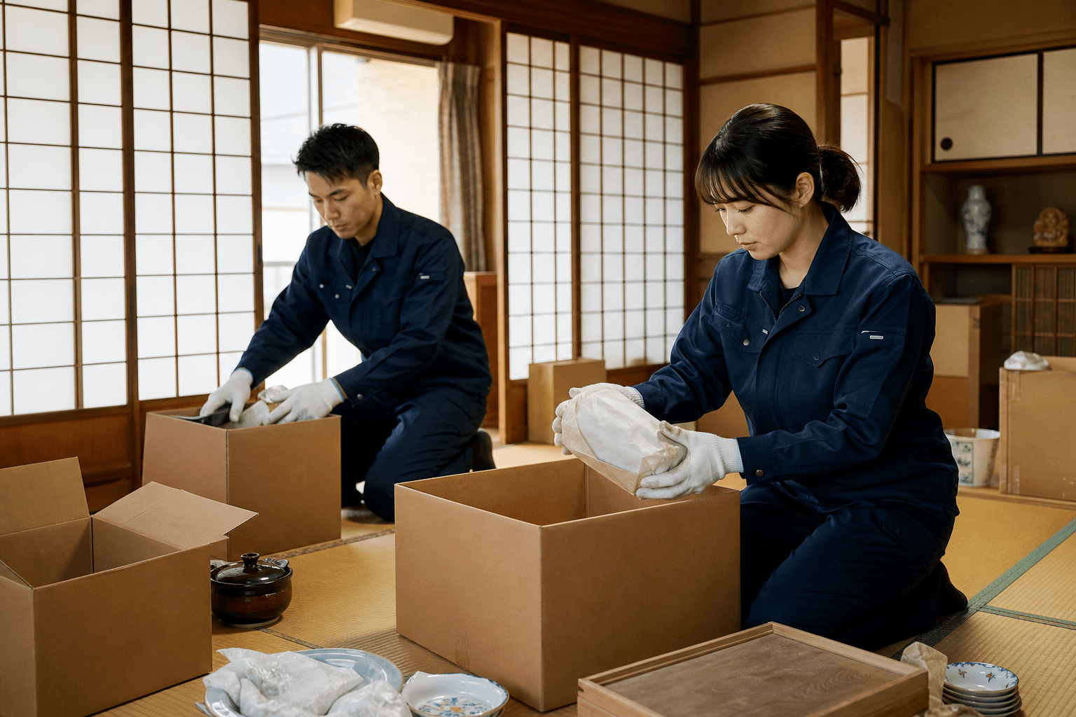 遺品整理で和室の品物を丁寧に仕分けるスタッフ