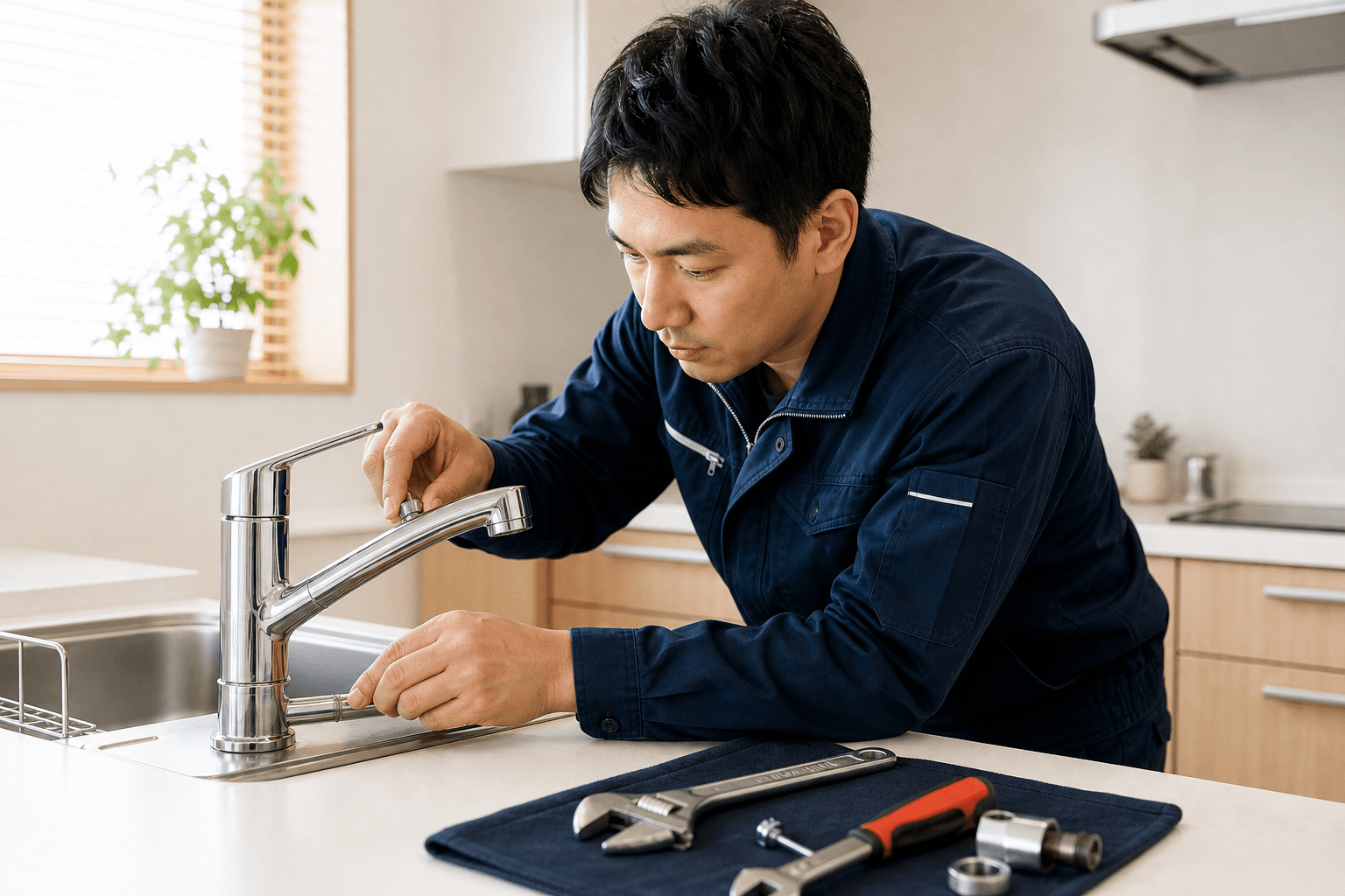 キッチンシンクの設備交換工事を行う職人
